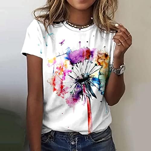 Tricouri cu mânecă scurtă pentru doamnelor Crewneck Dragonfly Dandelion Floral Graphic Tie Dye Blouses Tricouri Fete adolescente